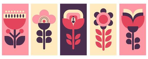 Modern geometric flowers in Scandinavian style, created from simple shapes in folk style in pink, purple, beige colors for creating any design, textile, wallpaper, background, postcards. vector