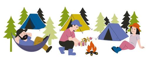 Group of tourists are relaxing in nature in the forest, cooking food on campfire against background of tents and forest trees. White background, flat style, bright colors. vector