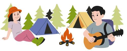Girl sits near a tent and listens to a guy playing the guitar at a campsite against a forest background. White background, flat style, bright colors. vector