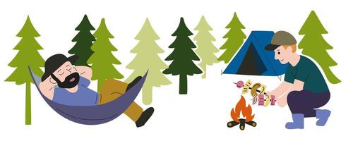 Two male tourists are resting in forest, one is frying fresh vegetables and sausages on fire, other is sleeping in hammock. White background, flat style, bright colors. vector