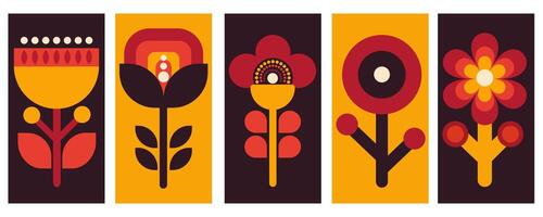 Simple modern geometric flowers in Scandinavian style in red, black, orange colors. Set of flowers to create different designs. vector