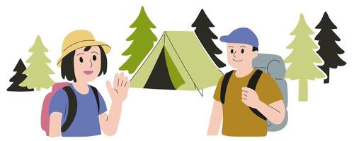Girl with backpack talking to guy in camping with forest and tent in background. White background, flat style, bright colors. vector