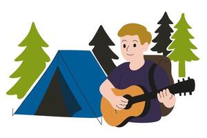 Young male tourist with guitar in his hands and backpack on his shoulders stands against background of tent and forest trees. White background, flat style, bright colors. vector