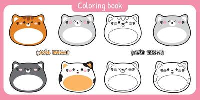 No3.Coloring pages.Set of cute round shape cats have empty space on belly.Message box for your text.Animal pet cartoon character.Meow.Painting book.Kawaii.Illustration. vector