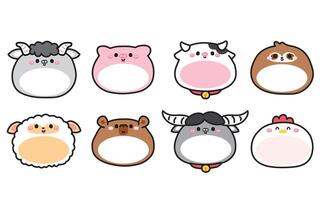 No2.Set of cute round shape animals have empty space on belly.Message box for your text.Farm.Goat,pig,cow,sheep,hen,buffalo.Animal cartoon character.Kawaii.Illustration. vector