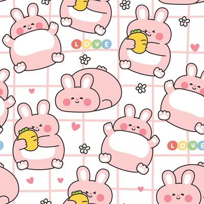 Seamless pattern of cute fat rabbit bunny sleeping in various poses background.Carrot,flower,heart hand drawn.Love text.Rodent animal character cartoon.Kawaii.Illustration.