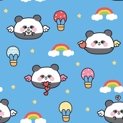 Seamless pattern of cute round panda tedy bear have wing fly with heart on balloon star and rainbow sky background.Angle.Wild chinese animal character cartoon.Kawaii.Illustration.