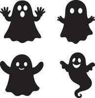 Cartoon ghost floating set with happy spooky faces in flat black silhouette illustration bundle vector