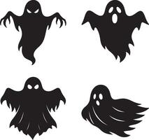 Angry and scary ghost floating set with expressive faces in flat black silhouette illustration bundle vector