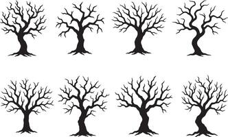 Creepy tree bundle with twisted branches in flat black silhouette design illustration set vector