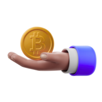 Stylized hand holding golden Bitcoin coin on transparent background 3D Render png