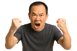 Furious Asian Man Shouting with Clenched Fists Isolated on Transparent Backdrop png