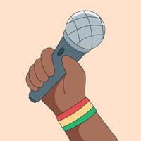 Microphone Hand Illustration, A powerful illustration of a hand gripping a microphone, radiating energy and readiness for a captivating performance. The hand is adorned with a colorful bracelet. vector