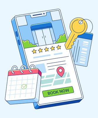 An illustration of a smartphone interface, showcasing property rental services, key, calendar, and map to the user.