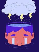 An illustrative image of a person submerged in emotional turmoil, depicting a storm brewing within. This artwork captures the internal struggle and the weight of negative thoughts. vector