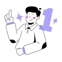 Pointing Up, A minimalist illustration of a person enthusiastically pointing upwards, accompanied by a vibrant number one symbol. This design captures concepts of guidance, top position, ideas. vector