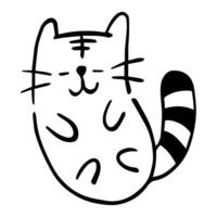 Cute Cat's Whimsical Pose, This image features a whimsical and adorable illustration of a contented cat resting, showcasing minimalist artistry in black and white. vector