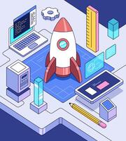 A conceptual flat lay illustration of a rocket, computer, gear and blueprint suggesting technology, innovation and startup. vector