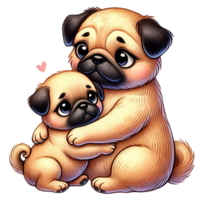 Cute pugs embracing with warmth and love, perfect for pet lovers. Animal cartoon. png