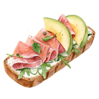 Delicious sandwich topped with ham and fresh melon slices. png