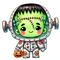 Adorable cartoon Frankenstein in a spacesuit for Halloween fun. png