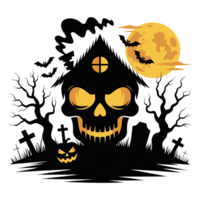 A spooky skull illustration with a haunted house and full moon. png