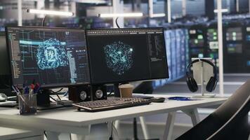 Data center workstation equipped with machine learning software visualizing deep learning models. High performance computers in server room running artificial intelligence code video
