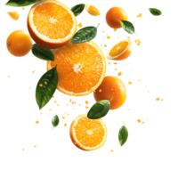 Fresh Oranges and Green Leaves Beautiful Floating Composition on Transparent Background png