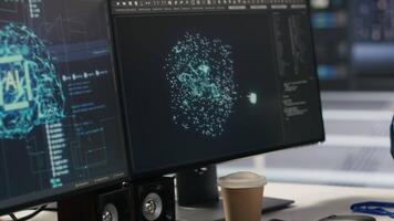 Data center PC screens displays monitoring backend infrastructure performance used in AI model development and automation workloads. Workstation monitors overseeing server hardware video
