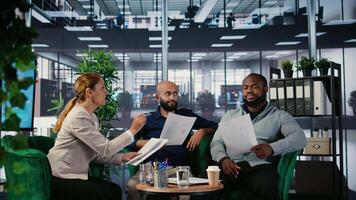 Corporate dispute involving powerful people during a briefing meeting, misunderstanding over strategic thinking. Disagreement due to frustration in a multicultural environment. Camera A. video