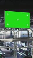 Vertical Server hub green screen computer monitoring systems processing deep learning datasets for AI workflows. PC chroma key displays tracking hardware supporting artificial intelligence model development video