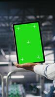 Vertical Close up of server hub admin using isolated screen tablet next to colleague reviewing AI LLM visualization. Data center employee using mockup device to monitor machine learning systems, camera B video
