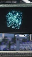 Vertical Automated infrastructure workstation on industrial platform inside server hub showing AI machine learning scripts. Computer in data center displaying neural network activity video