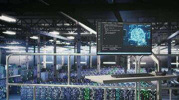 Server hub computer screen monitoring systems processing machine learning datasets for AI workflows. PC displays tracking hardware supporting artificial intelligence model development video