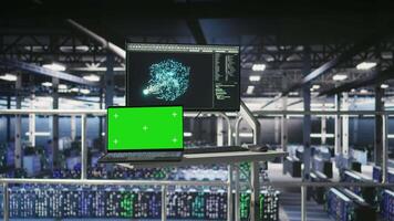Isolated screen laptop next to elevated industrial data center control station display showing AI visualization. Chroma key notebook device in server farm displaying neural network diagnostics video