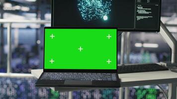 Server hub isolated screen laptop monitoring systems processing deep learning datasets for AI workflows. Mockup notebook tracking equipment supporting artificial intelligence model development video