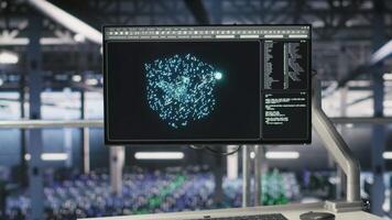 Elevated industrial data center control station screen showing analytics from servers powering AI applications. Monitor displaying neural network diagnostics and infrastructure performance metrics video