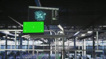 Industrial platform workstation in automated data center displaying deep learning code on isolated screen laptop. Server room mockup notebook running AI models monitoring operational stability video