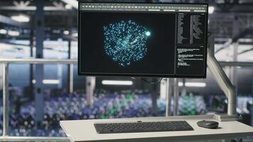 Industrial platform workstation in automated data center displaying machine learning code on monitor. Server farm systems running AI models monitoring operational stability and algorithm efficiency video