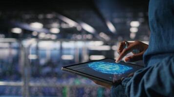 Close up of data center engineer using tablet, doing maintenance on rigs handling AI processing tasks. Server hub computer scientist managing storage arrays supporting deep learning tech, camera A video