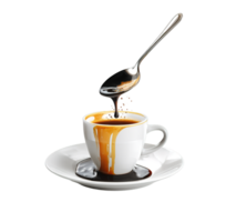 Cup of Coffee with Dripping Liquid Isolated on Transparent Background and Spoon png