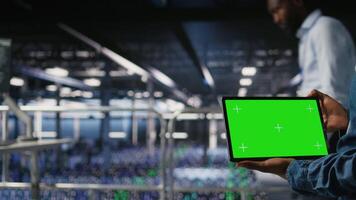 Close up of engineer using green screen mockup tablet in data center to update servers tech, configuring equipment. Server room admin reviewing hardware analytics on chroma key device, camera A video