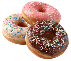 Three Delicious Donuts with Sprinkles Isolated on Transparent Background High Resolution Image png