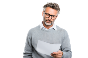 Thoughtful Man Holding Document on Transparent Background Isolated For Design Element png