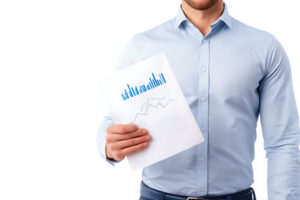 Man Holding Financial Chart Paper Transparent Background Analysis Statistic Document Isolated png