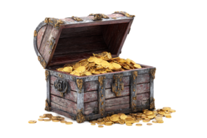 Old Wooden Treasure Chest Filled with Gold Coins Isolated on Transparent Background png