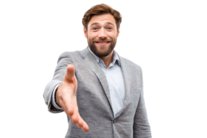 Smiling Man in Patterned Suit Offering Handshake Gesture on Transparent Background Isolated Portrait png