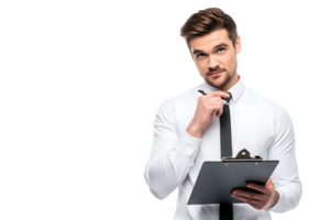 Thoughtful businessman with clipboard isolated on transparent background for web design png