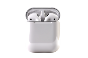 White Wireless Earbuds Inside Open Charging Case Device Transparent Background Isolated png