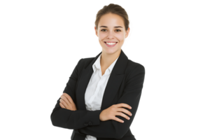 Smiling Business Woman in Black Suit with Crossed Arms Transparent Background Isolated png